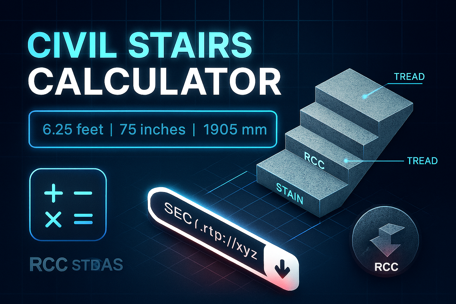 civil stairs calculator, riser tread calculator, stair design tool, staircase calculator, concrete calculator for stairs, stair angle calculator, construction calculator, RCC staircase design, stair estimation