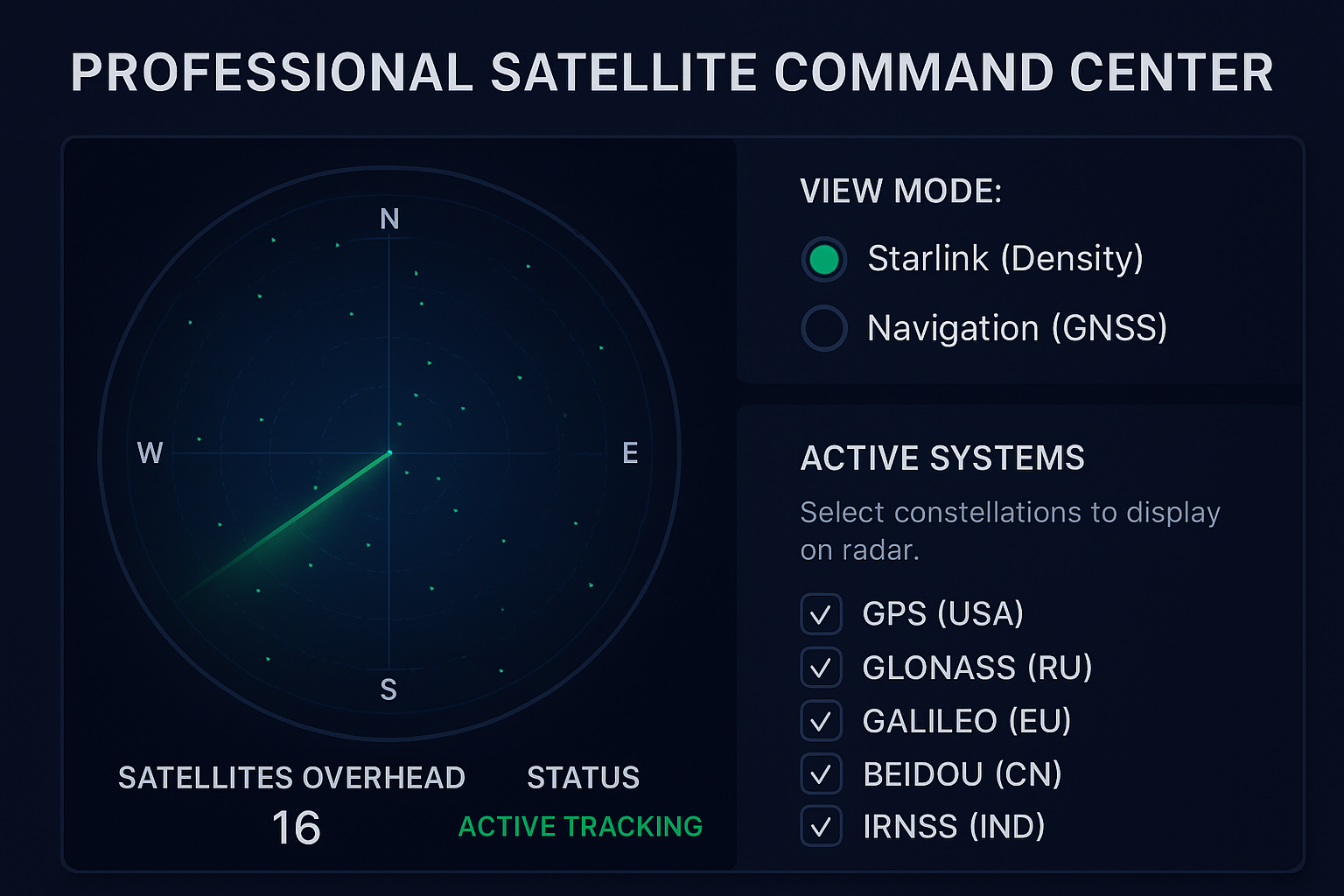 satellite tracker, GNSS tracking, Starlink mesh density, orbital tracking dashboard, real-time satellite map, online satellite tracker, GPS constellation monitor, space operations tool, satellite radar UI, LEO satellite tracking, MEO satellite tracking, GEO satellite tracking, professional satellite monitoring, space visualization tool, satellite orbit viewer, browser-based space dashboard, Starlink satellites live, ground track visualization, satellite mesh network analysis, premium radar UI, aerospace tracking tool