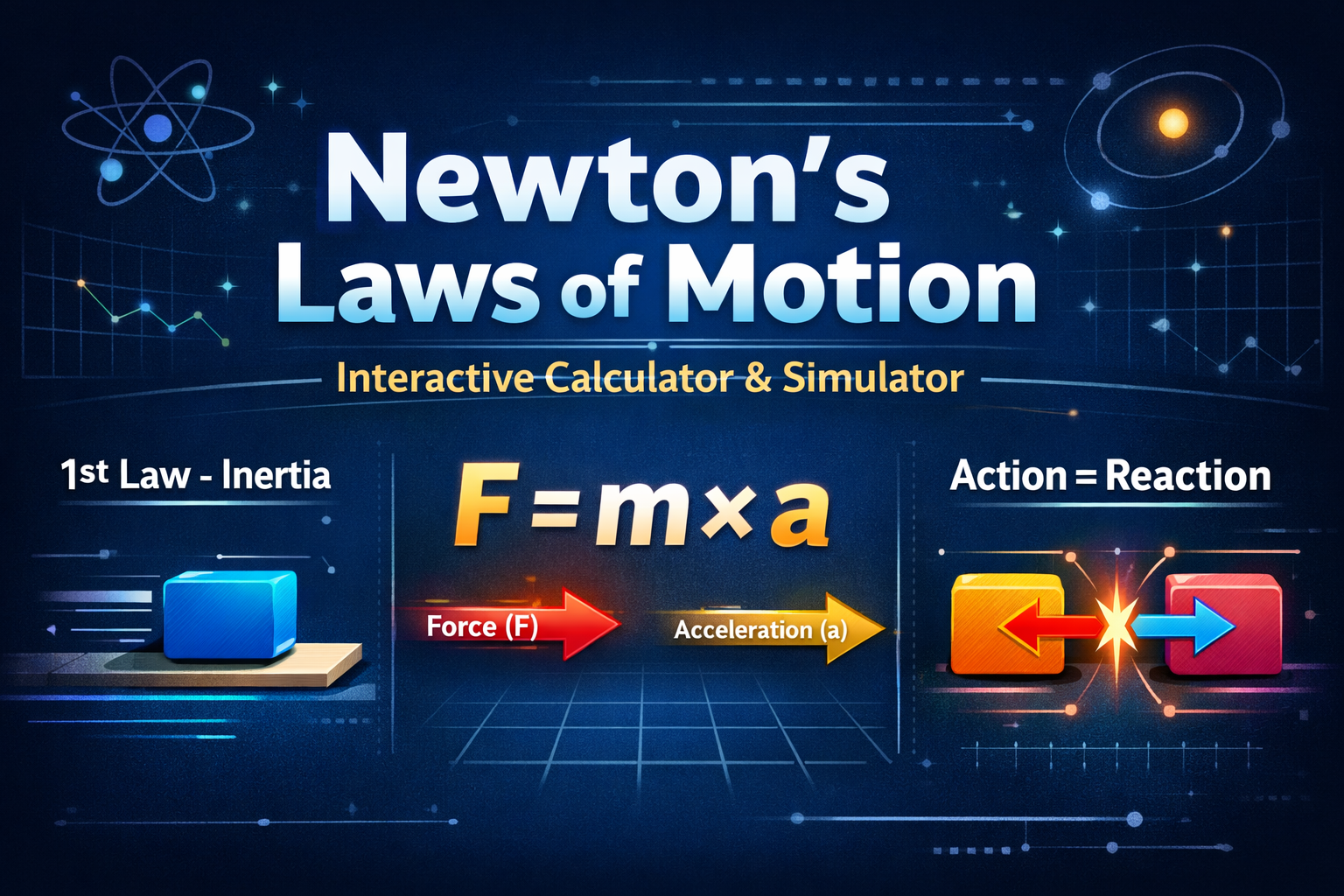 Newton’s laws calculator, Newton’s first law simulator, Newton’s second law F=ma calculator, Newton’s third law action reaction, physics motion calculator, force mass acceleration calculator, interactive physics simulator, online physics tools